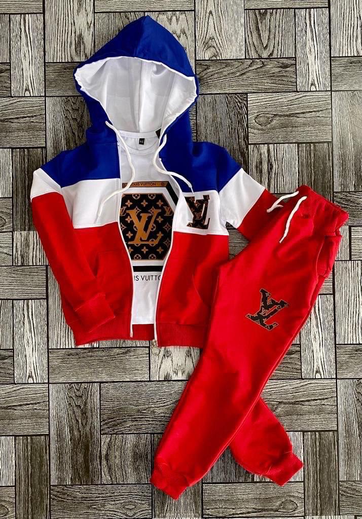 A kiddie tracksuit with a touch of Louis Voulton design