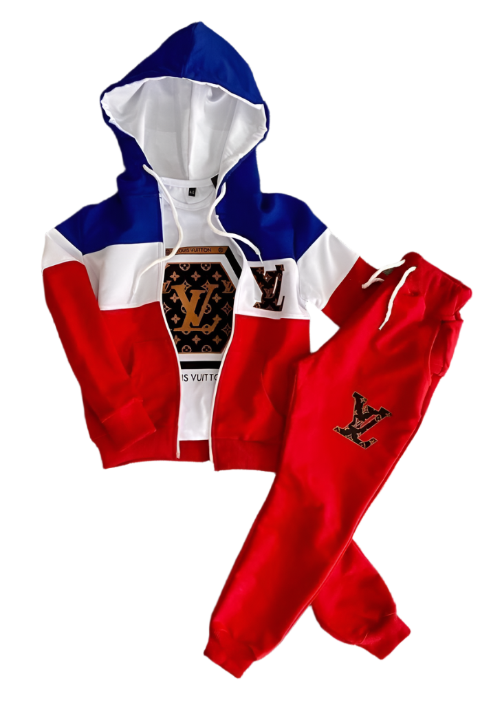 A kiddie tracksuit with a touch of Louis Voulton design